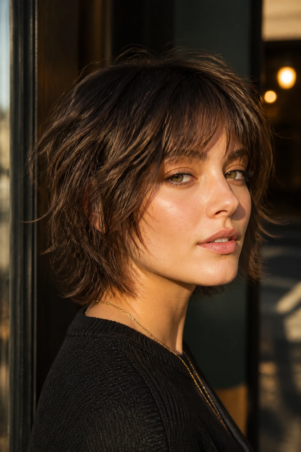 Close-up portrait of a woman with a razored shag bob.