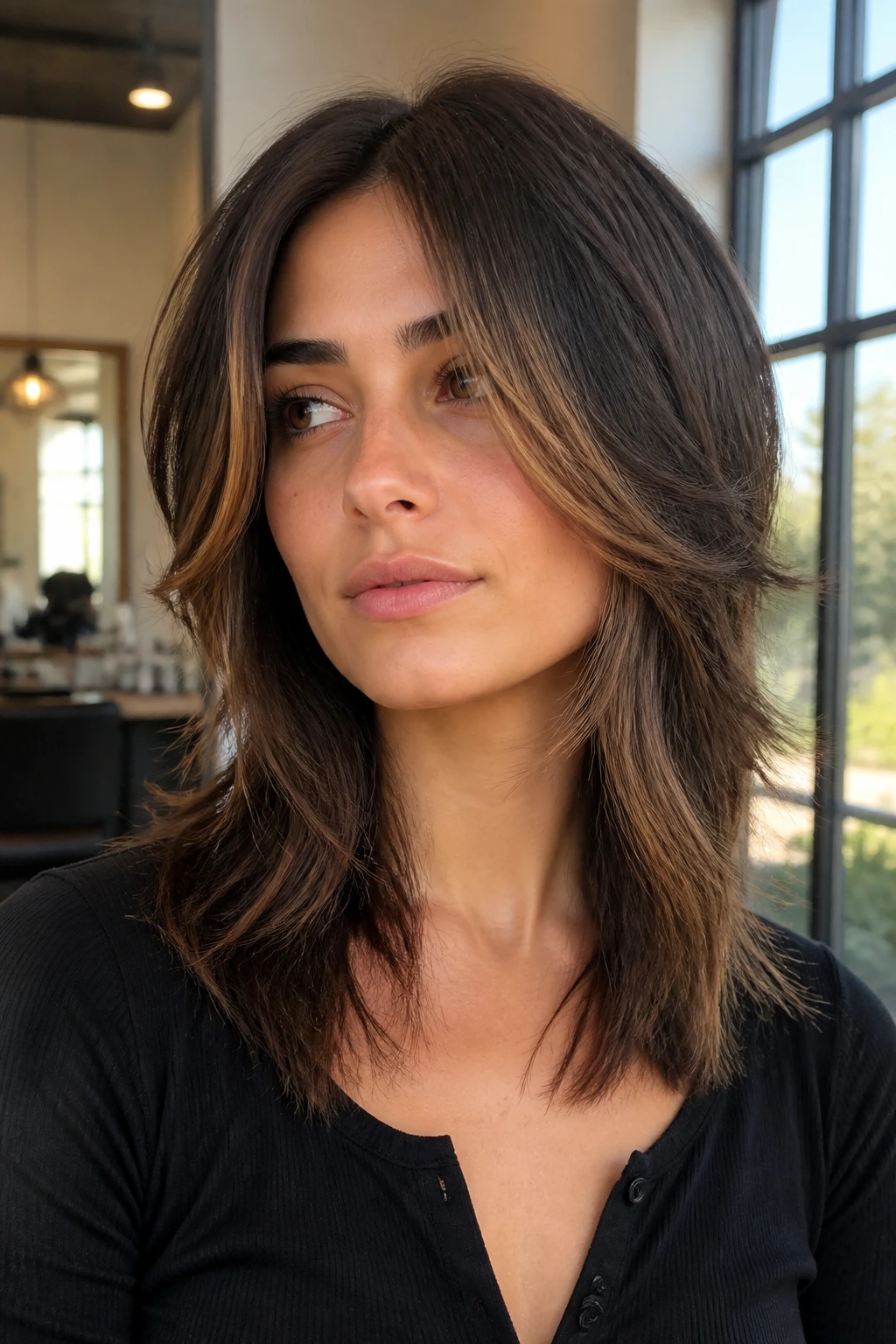 Close-up of real brunette with razored midi shag and bronze face-framing highlights in a salon.