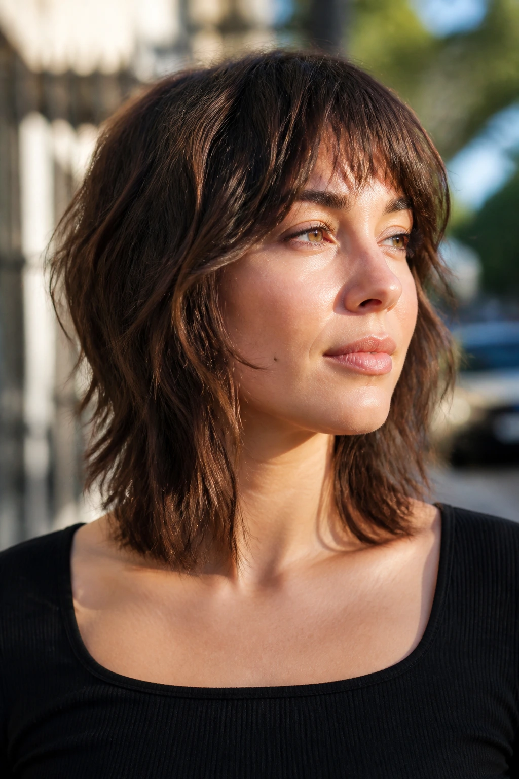 Close-up razored shag bob with collarbone-skimming ends on a real woman