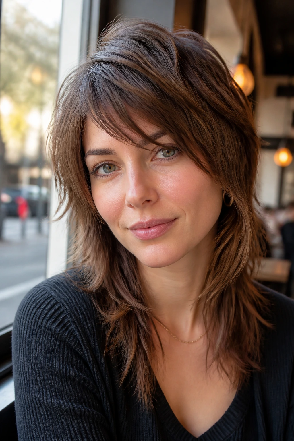 Portrait of a woman with razor-cut shag and diagonal side fringe.