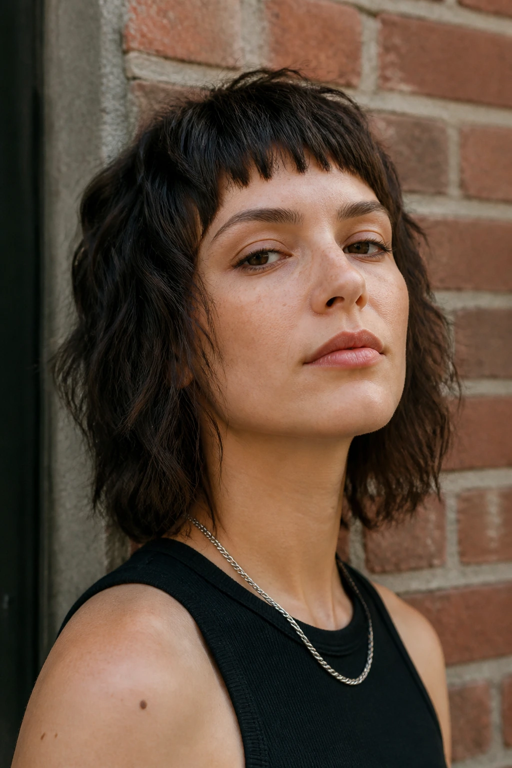 Portrait of a person with razor-cut shag bob and micro fringe in urban daylight