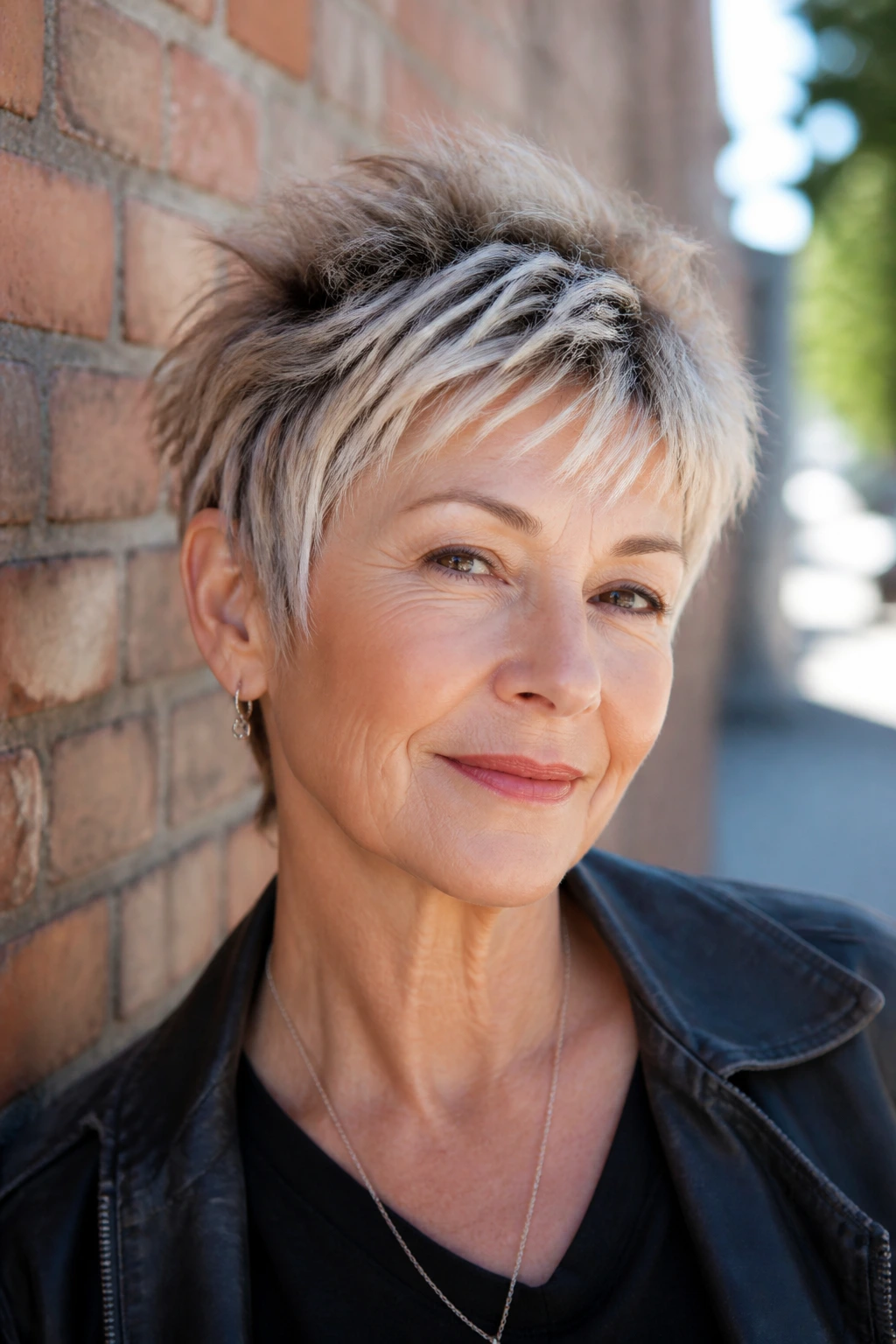 Close-up portrait of a real woman with a razored shag pixie