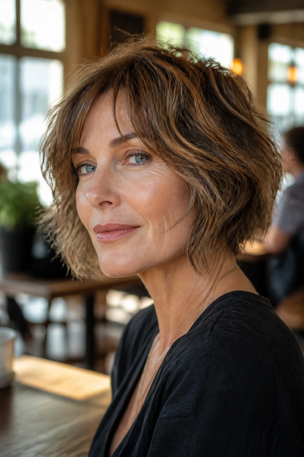 Portrait of a woman with a razored shaggy bob hairstyle