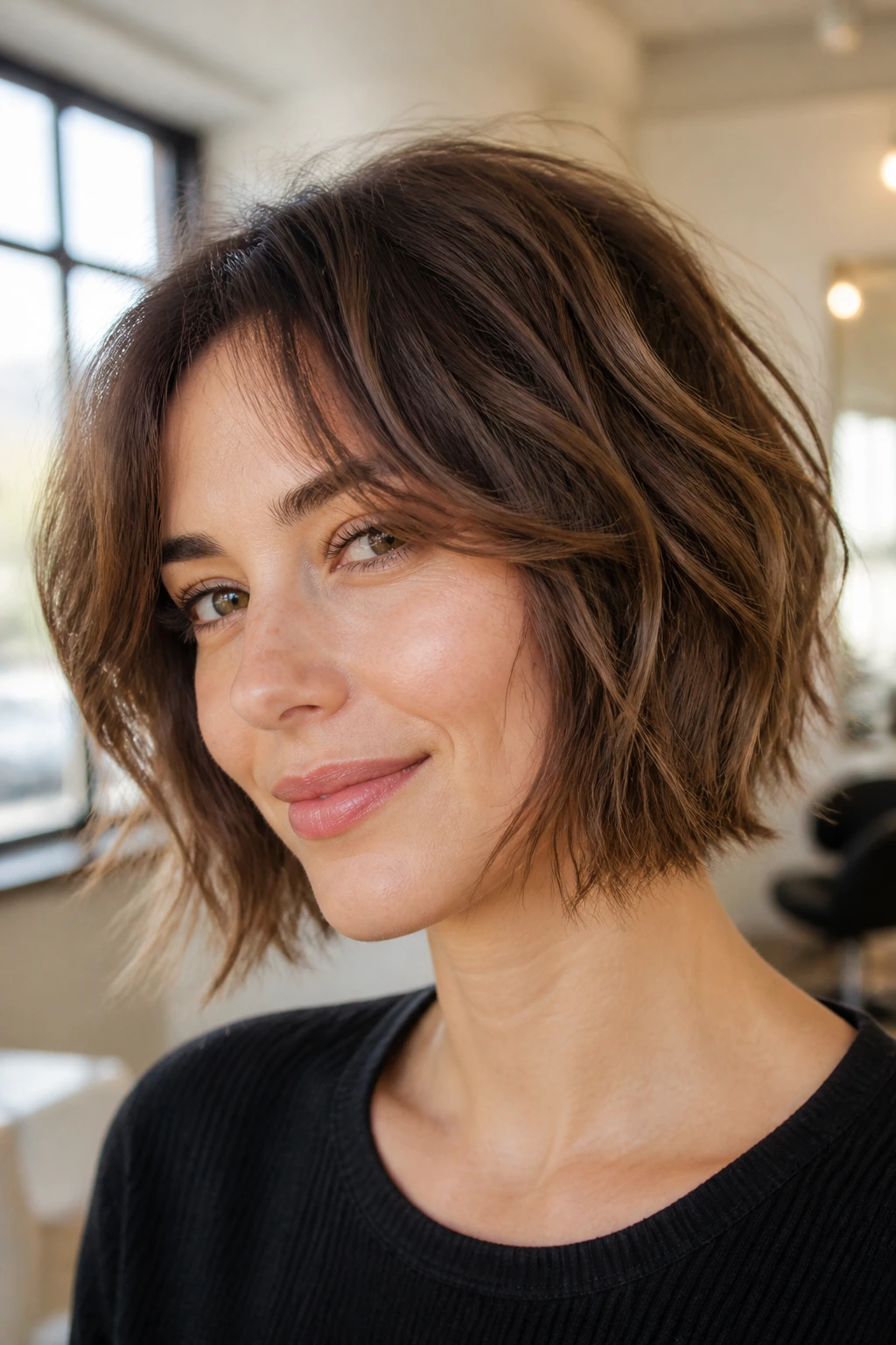 Close-up portrait of a real woman with a razor-cut textured bob and airy ends.