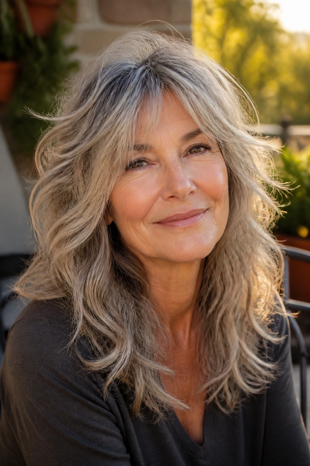 Portrait of a woman with razored wavy shag and airy ends in golden hour light.