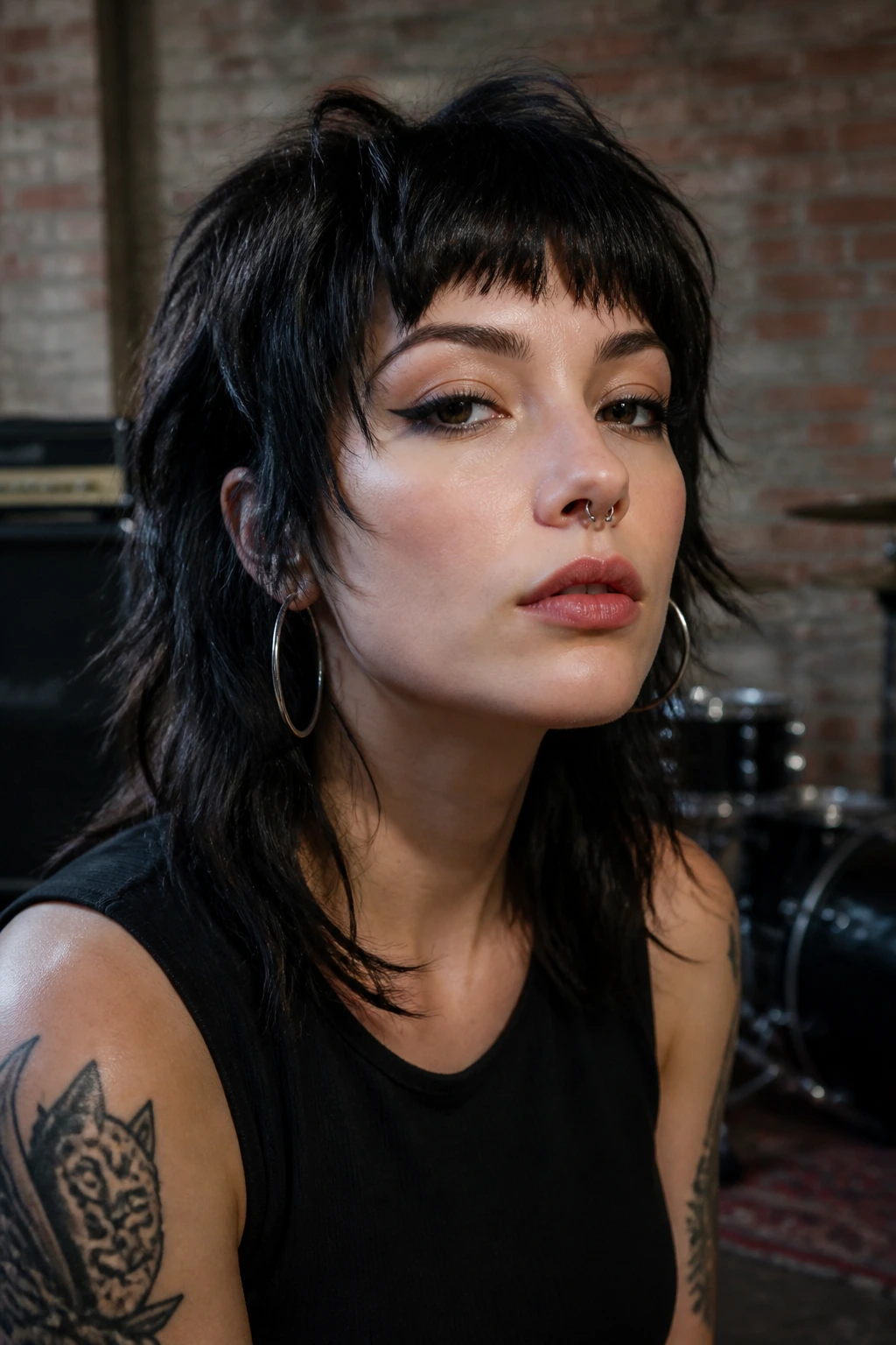 Close-up portrait of a real woman with a razored wolf cut and short fringe