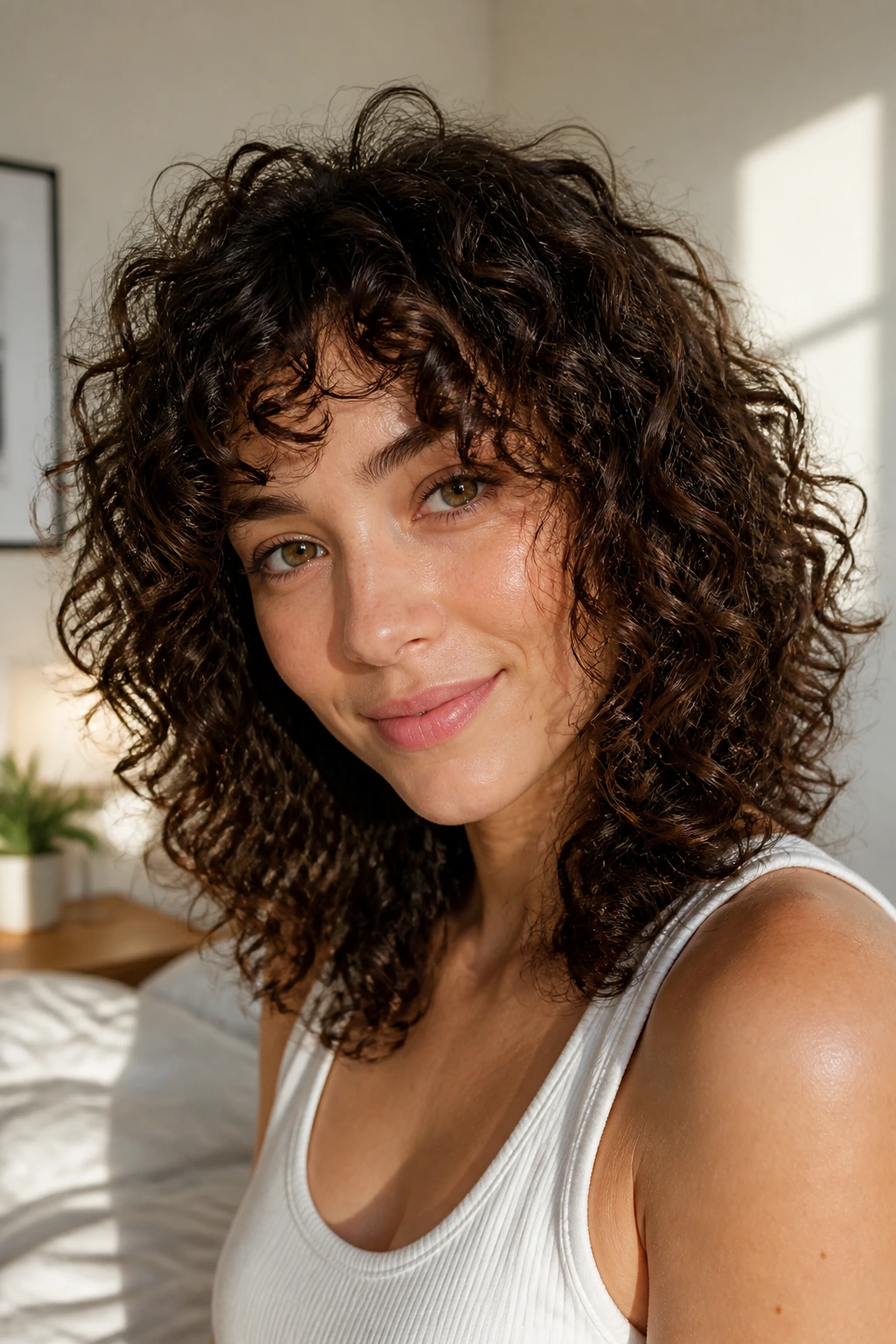 Real person with fragile curls softly layered using razorless technique