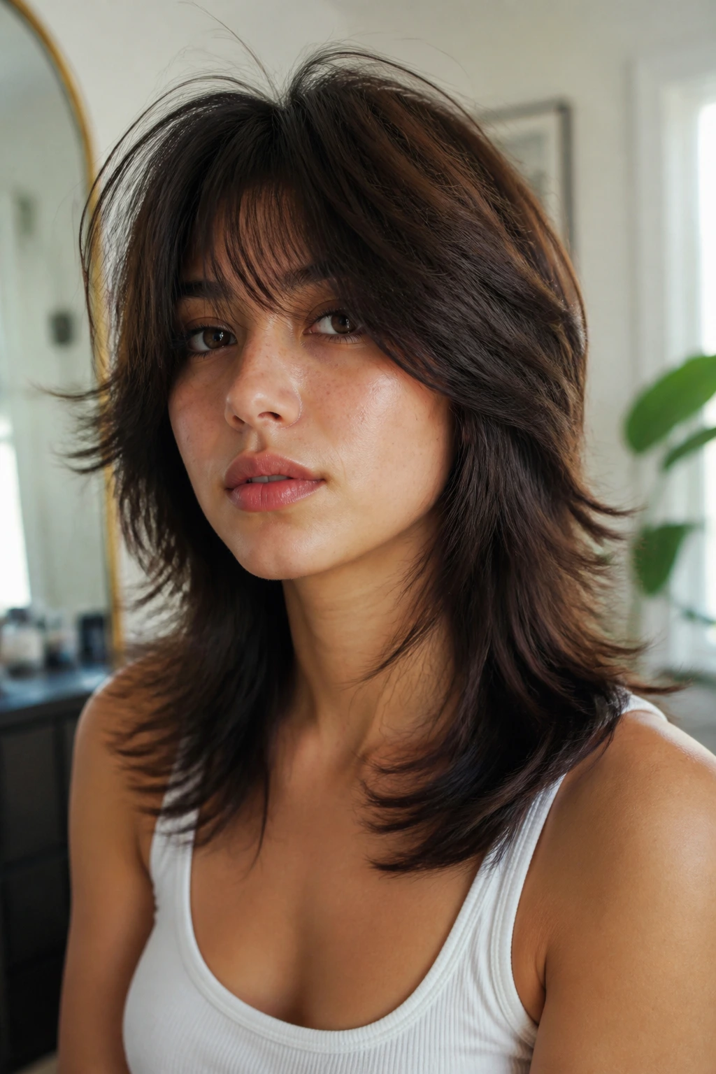 Close-up portrait of a real person with Razorless Scissor Shag showing clean layers and smooth ends