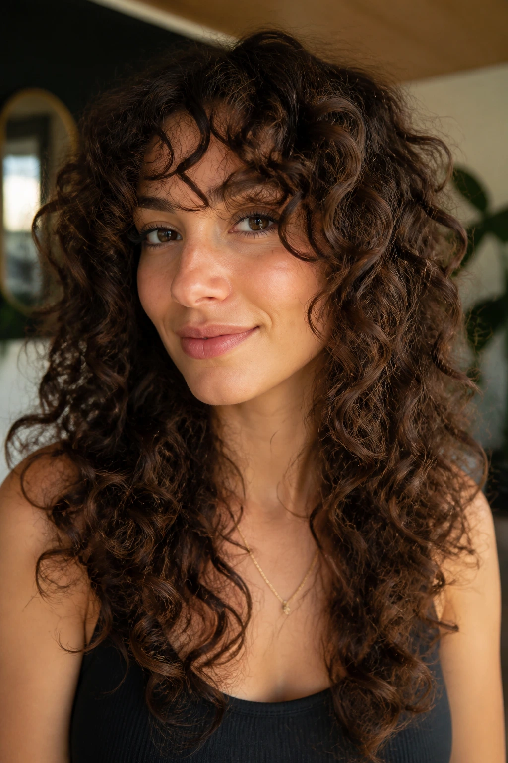 Close-up portrait of a real person with curly hair showing layered curls