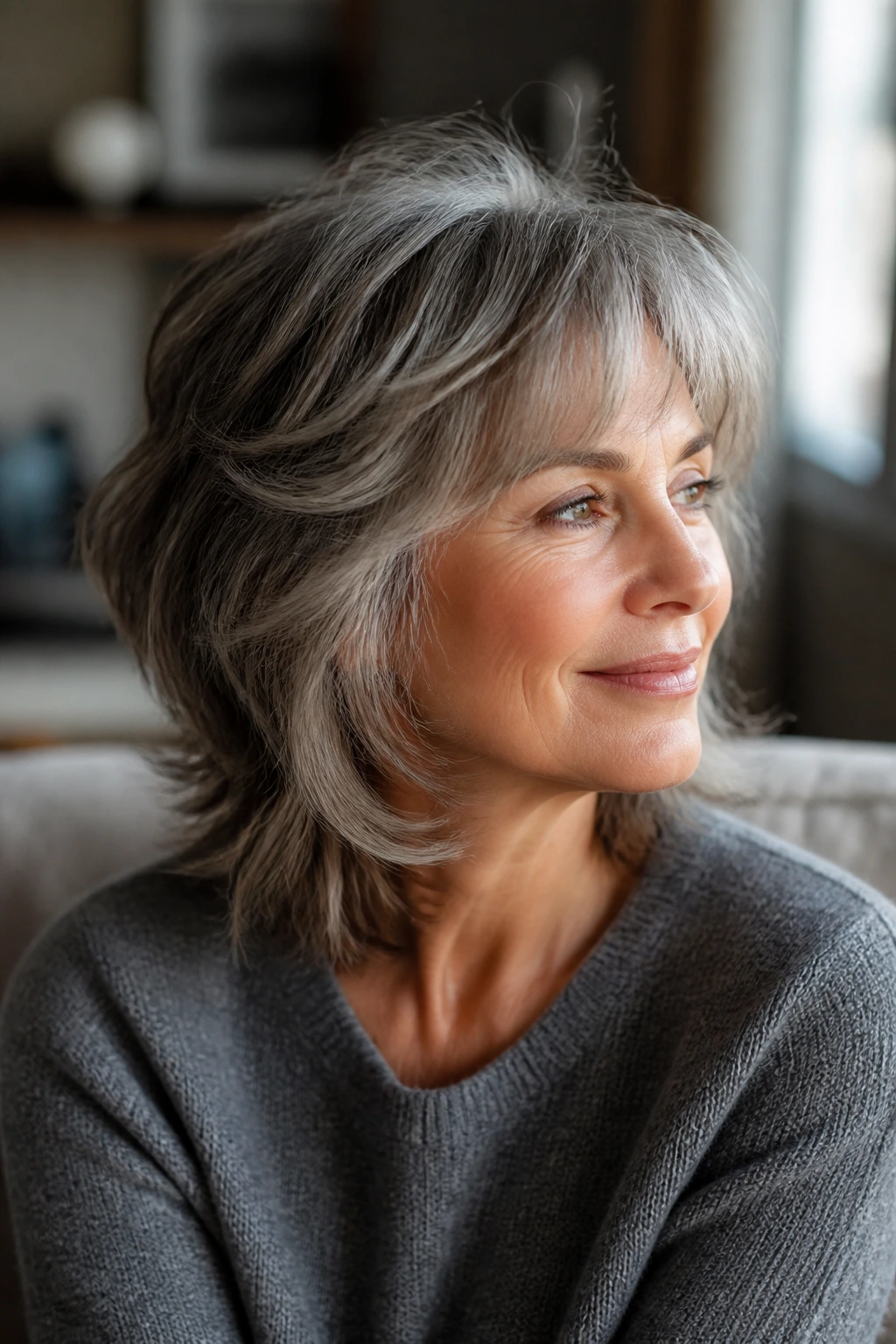 Close-up portrait of real hair with layered shag showing crown lift and shine