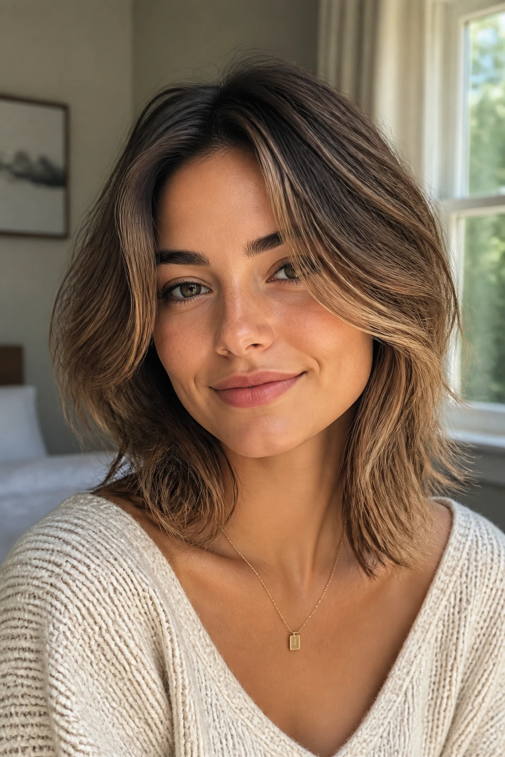 Portrait of a real person wearing an everyday hairstyle on a round face in soft natural light
