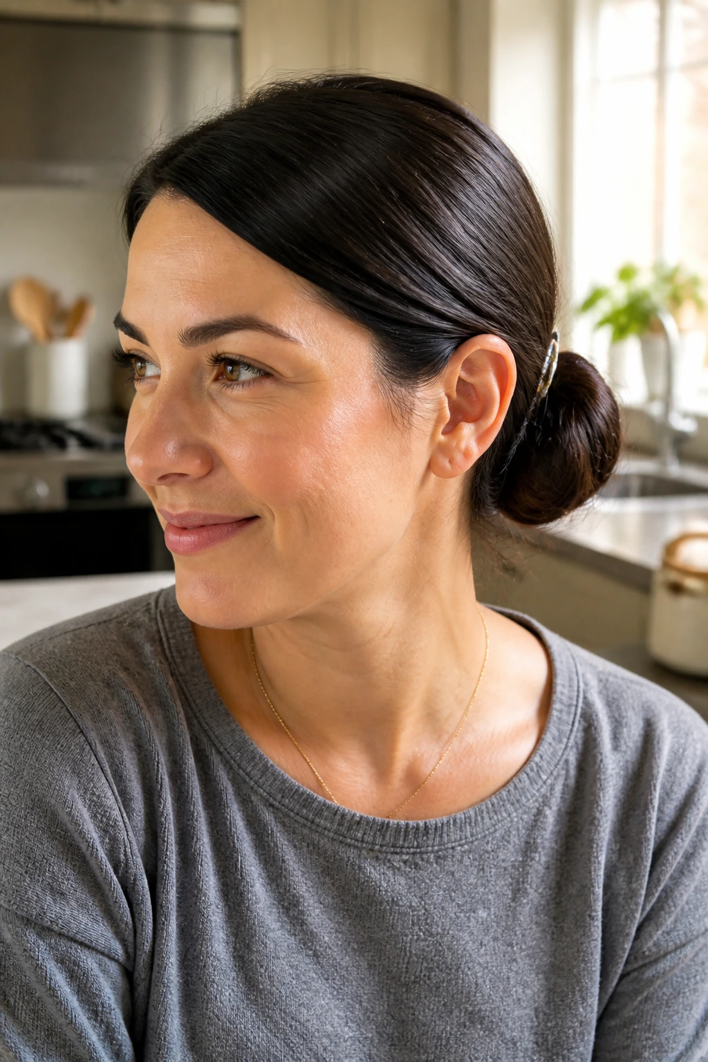 Close-up of a real mom with a sleek low bun and sharp side part in morning kitchen light