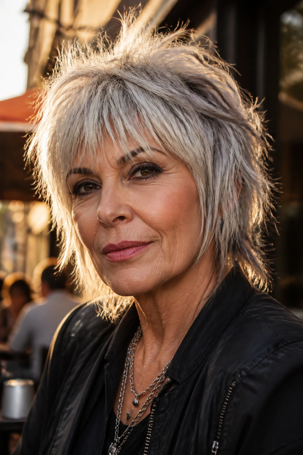 Older woman with high-contrast rebel shag in warm outdoor light