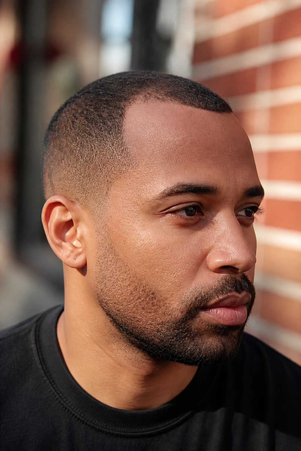 Portrait of a Black man with receding hairline buzz and softened temples