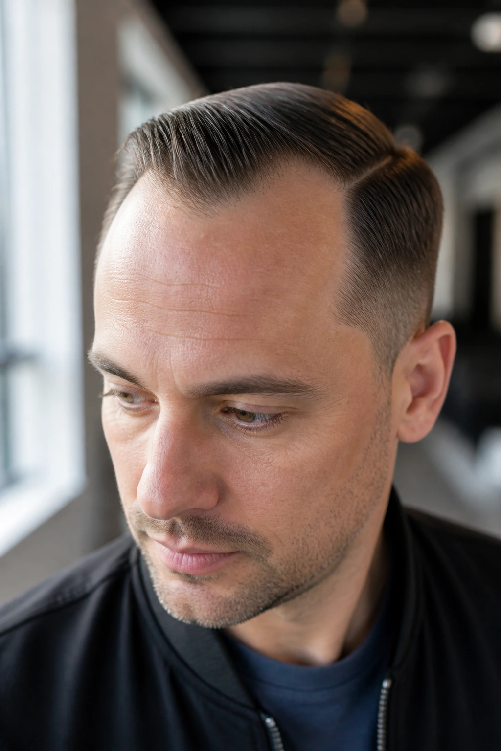 Man with receding hairline comb over, high diagonal part, close-up portrait.