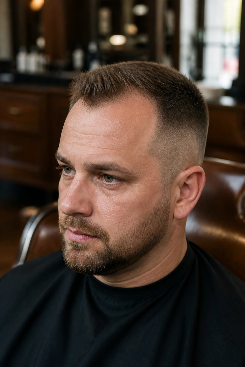 Close-up portrait of a real man with a receding hairline in a barber shop