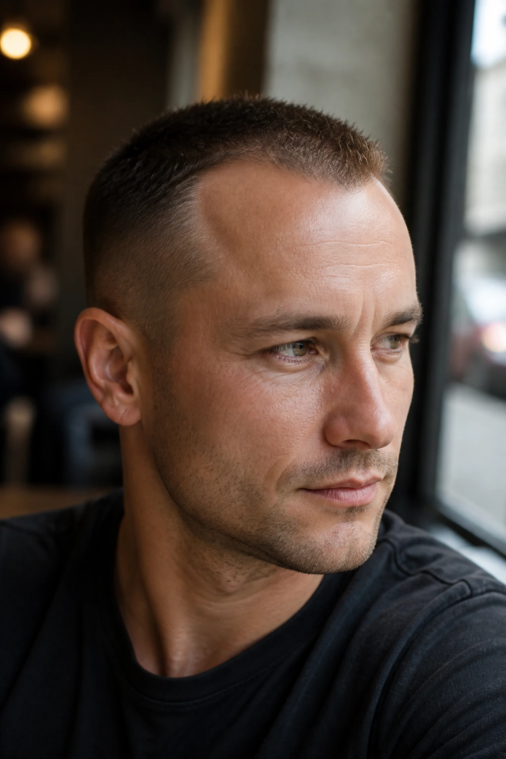 Close-up of a man with receding hairline crew cut showing front length and taper.