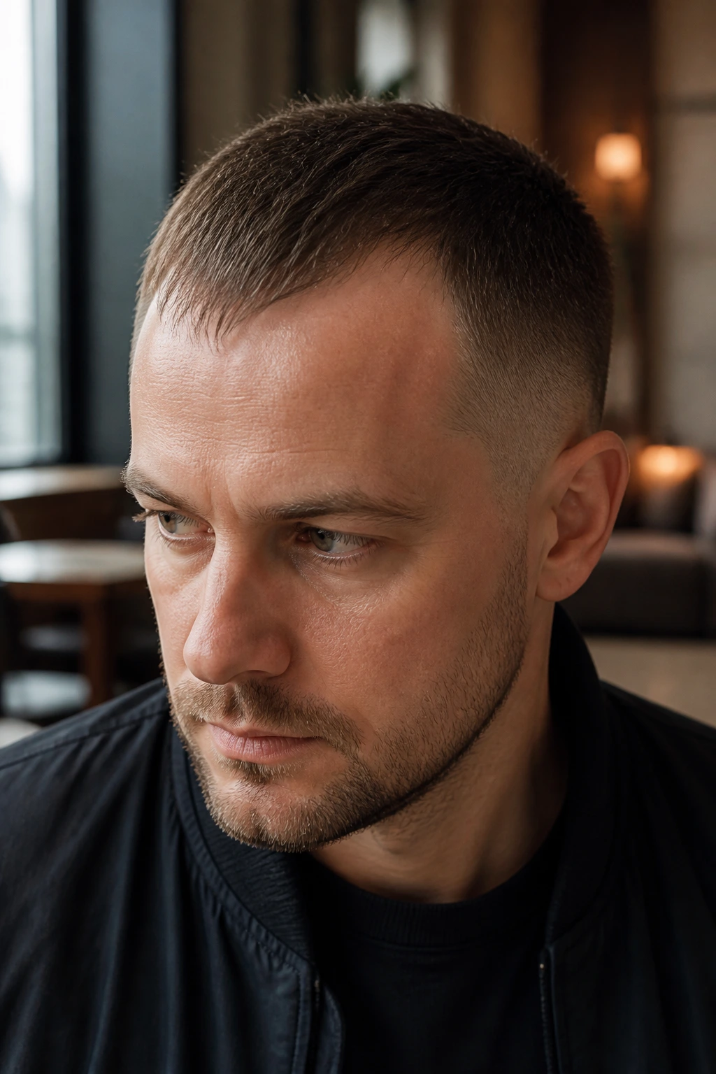 Close-up portrait of a real person with receding hairline forward length hairstyle