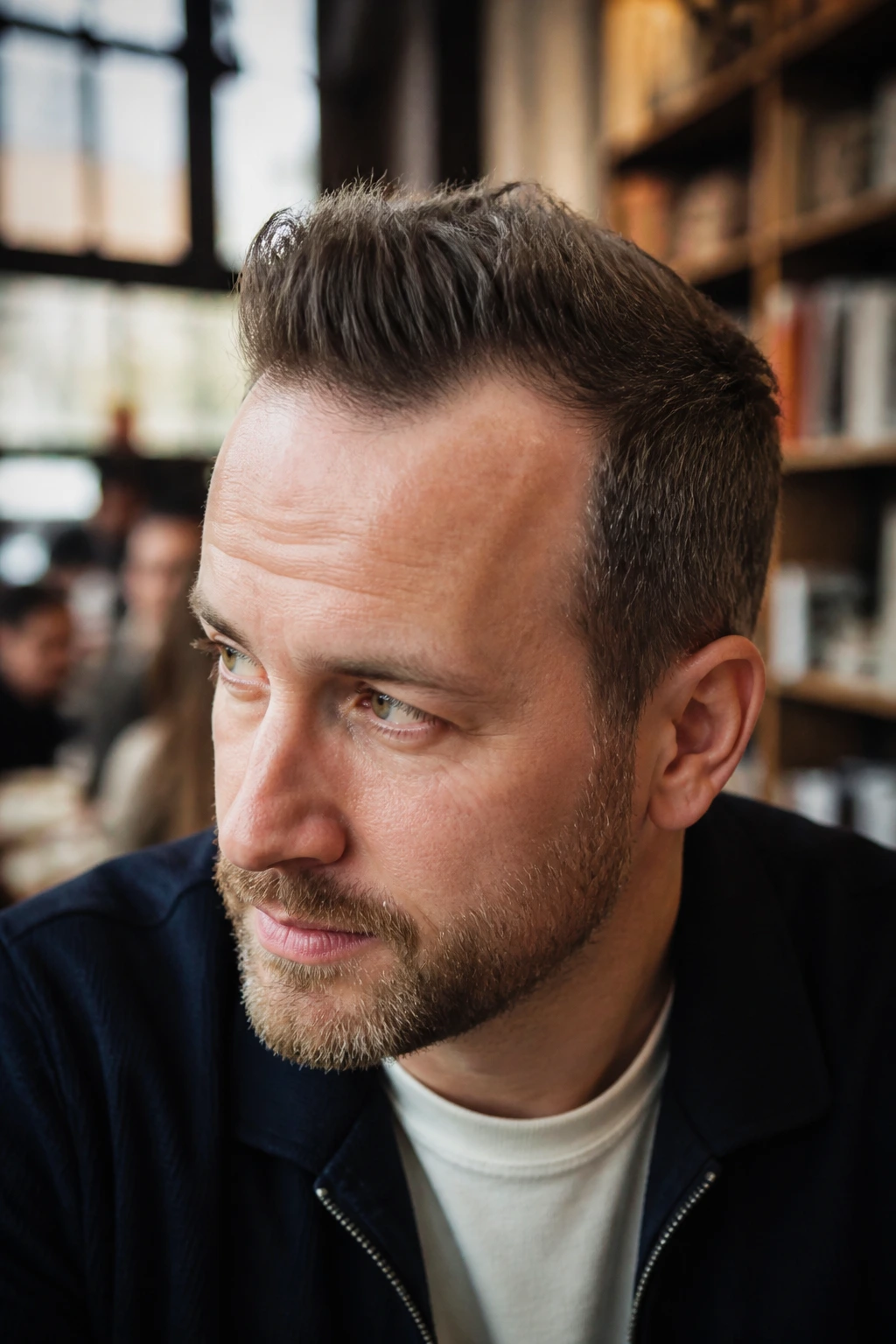 Man with receding hairline and textured pompadour portrait