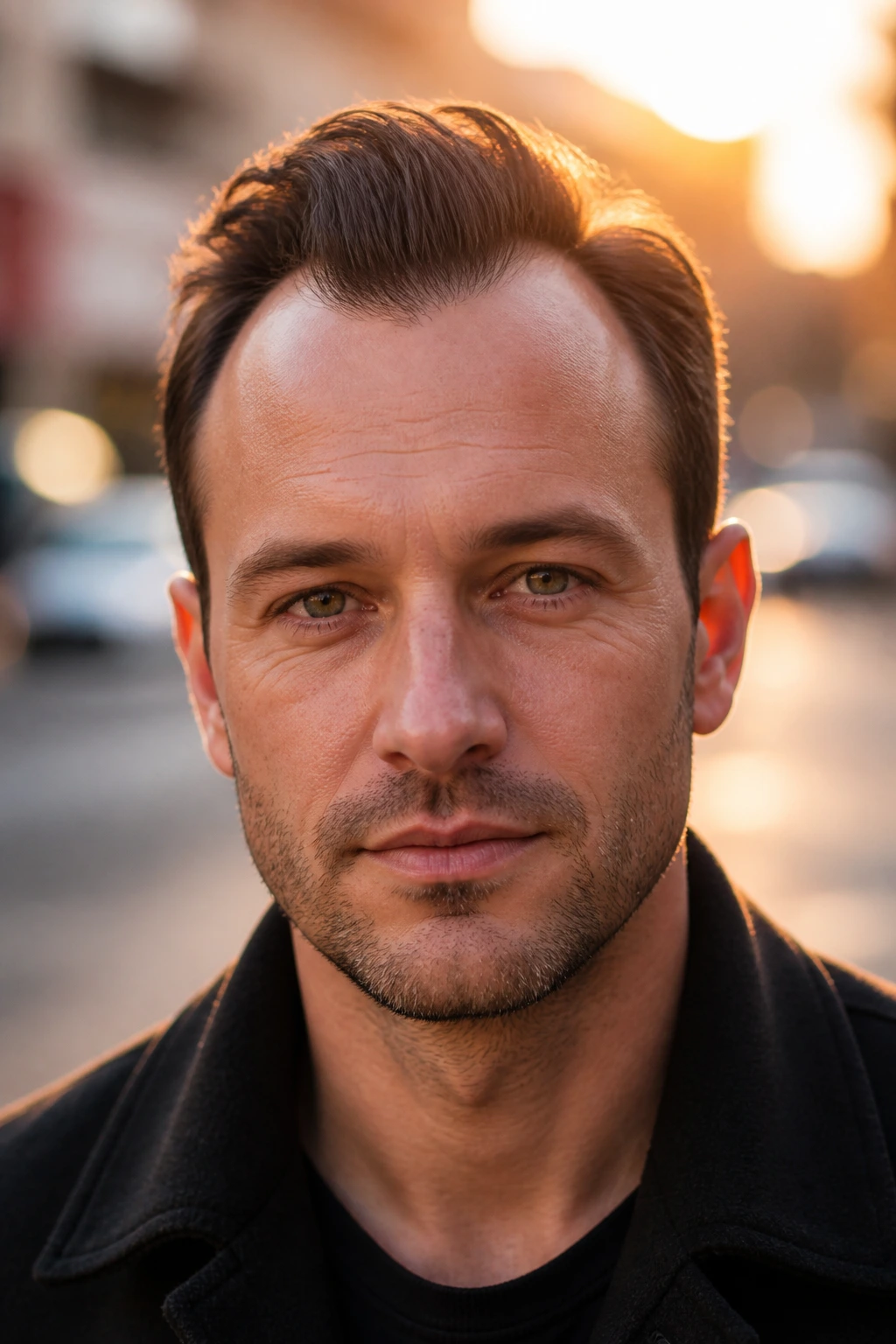 Close-up portrait of a man with receding-hairline quiff on a city street at golden hour
