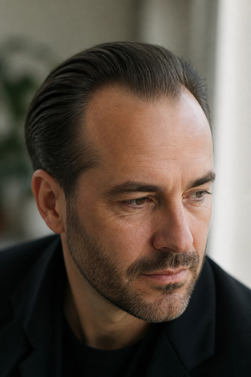 Close-up of a man with a receding hairline and slicked-back top