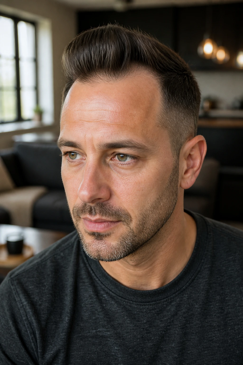 Close-up portrait of a man with a receding hairline quiff