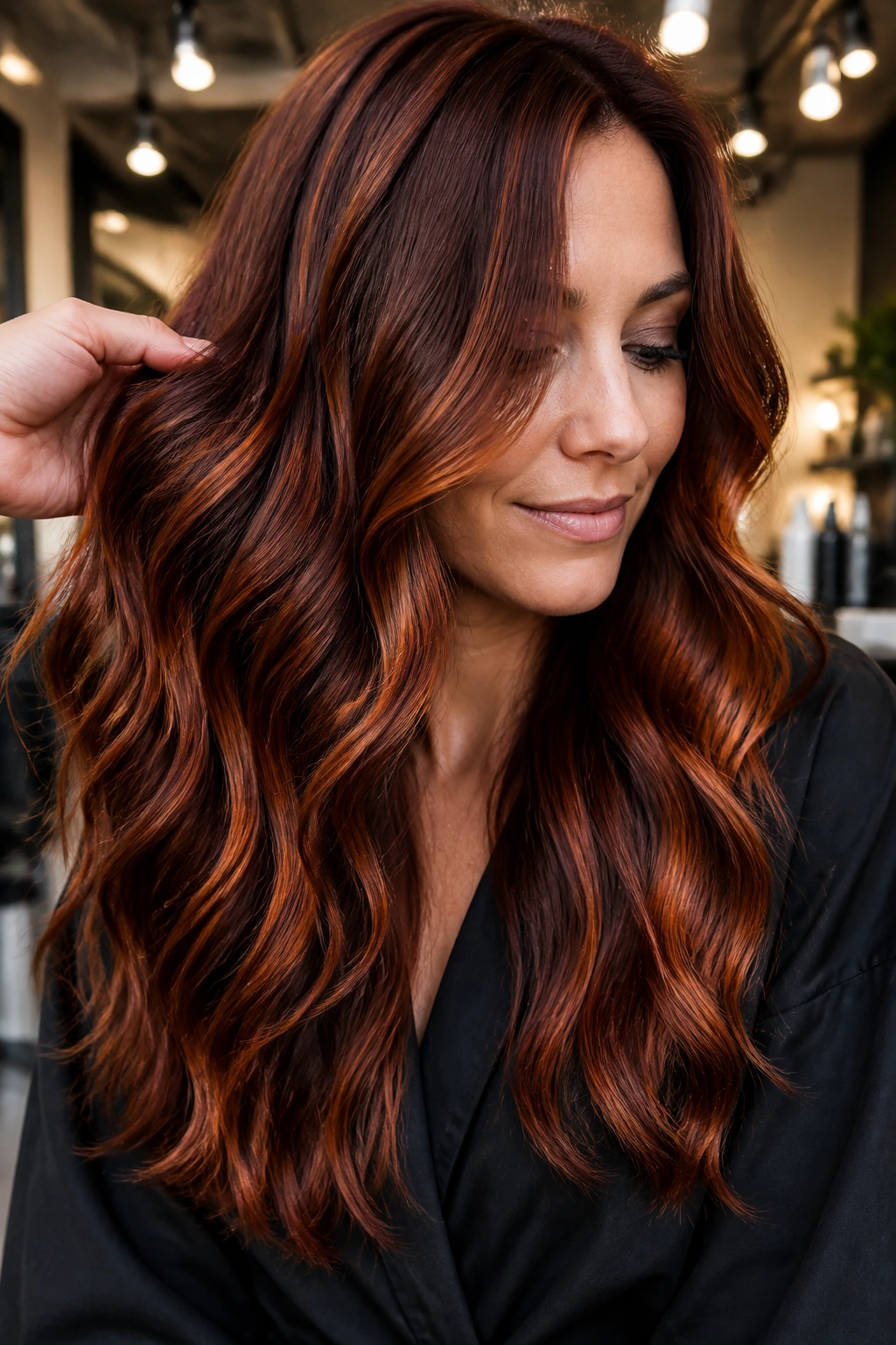 Close-up of a real woman with hair showing red undertones and depth in a salon setting