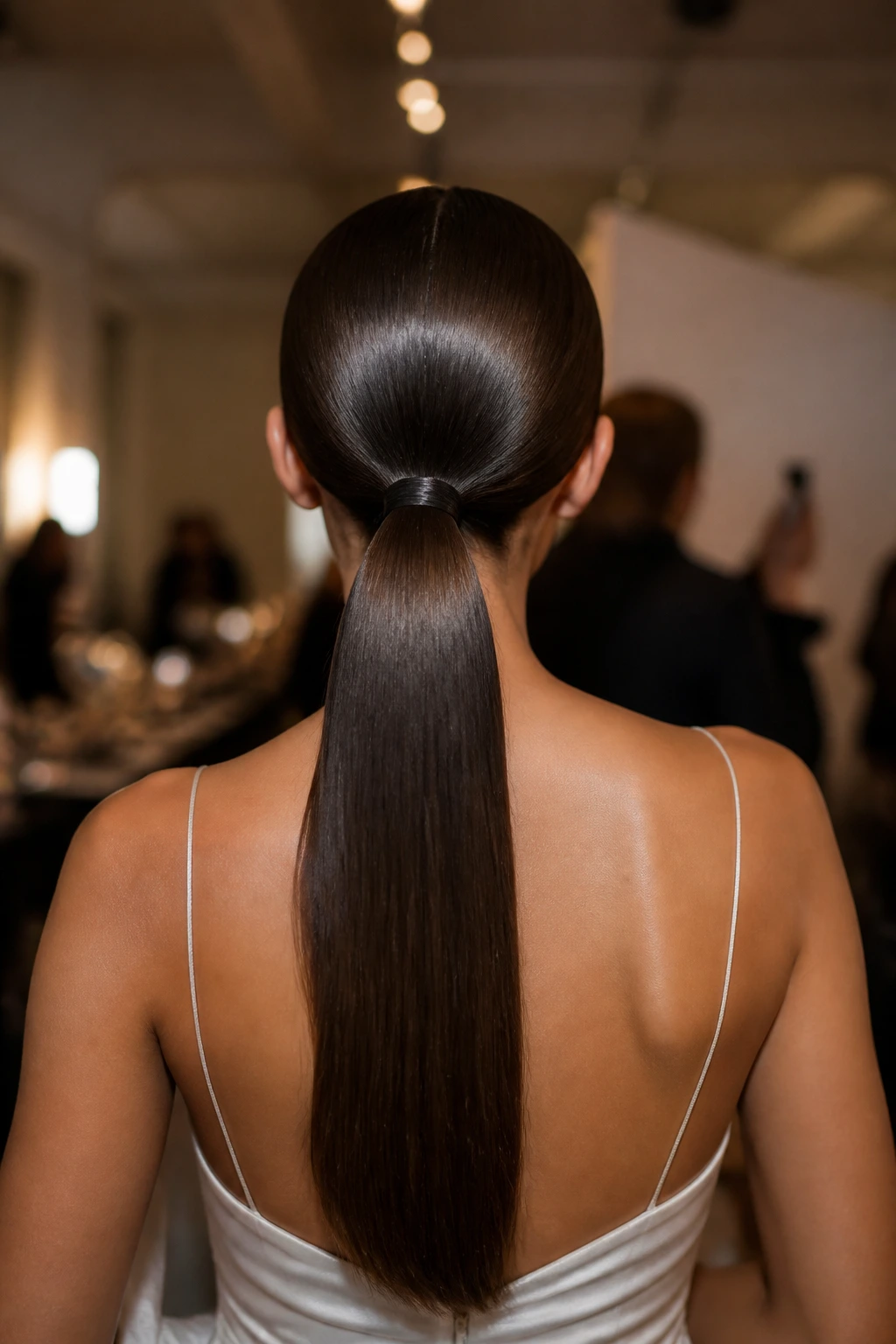 Rear view of a real woman with a sleek red-carpet ponytail