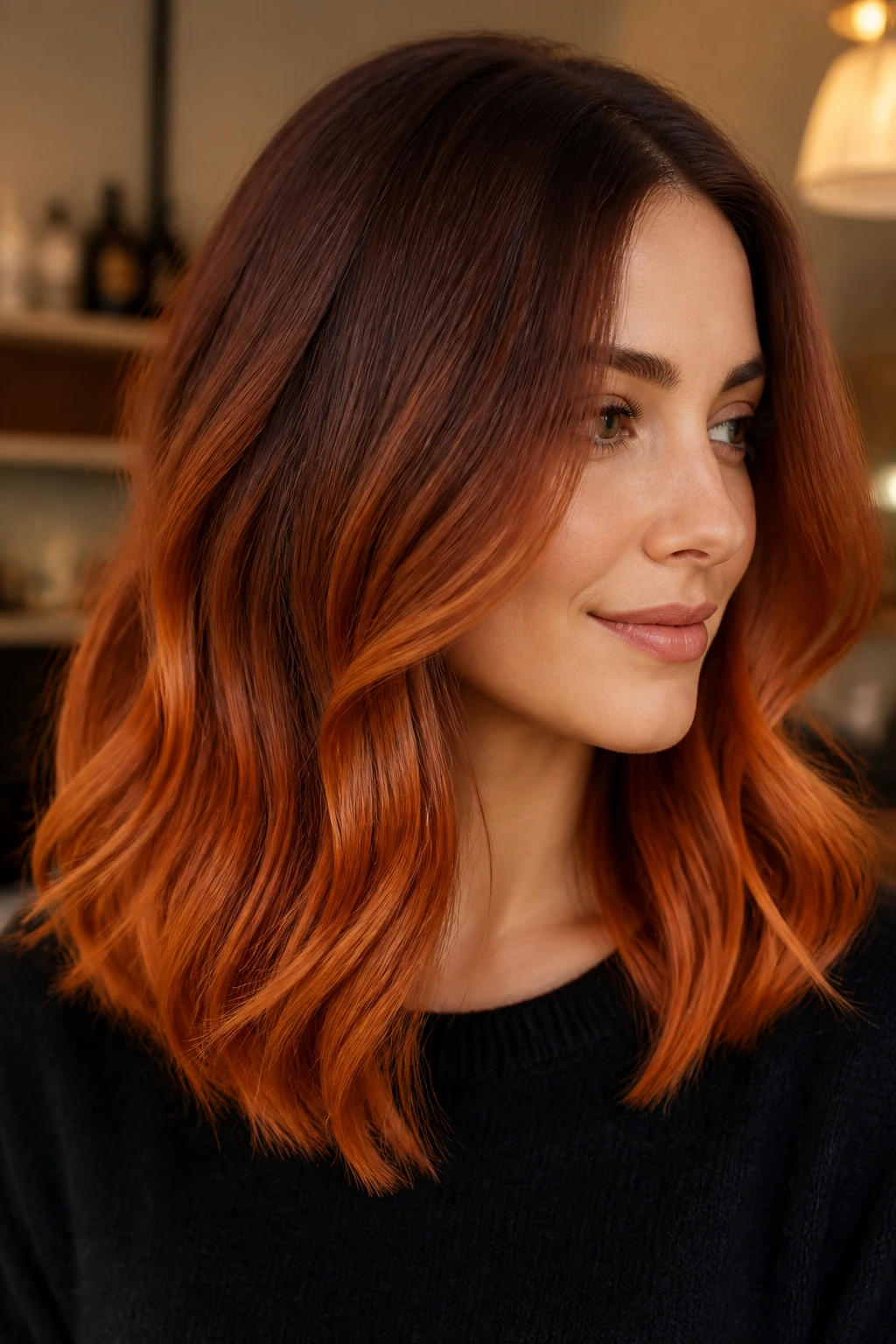 Close-up portrait of shoulder-length hair with soft red copper melt on a real person