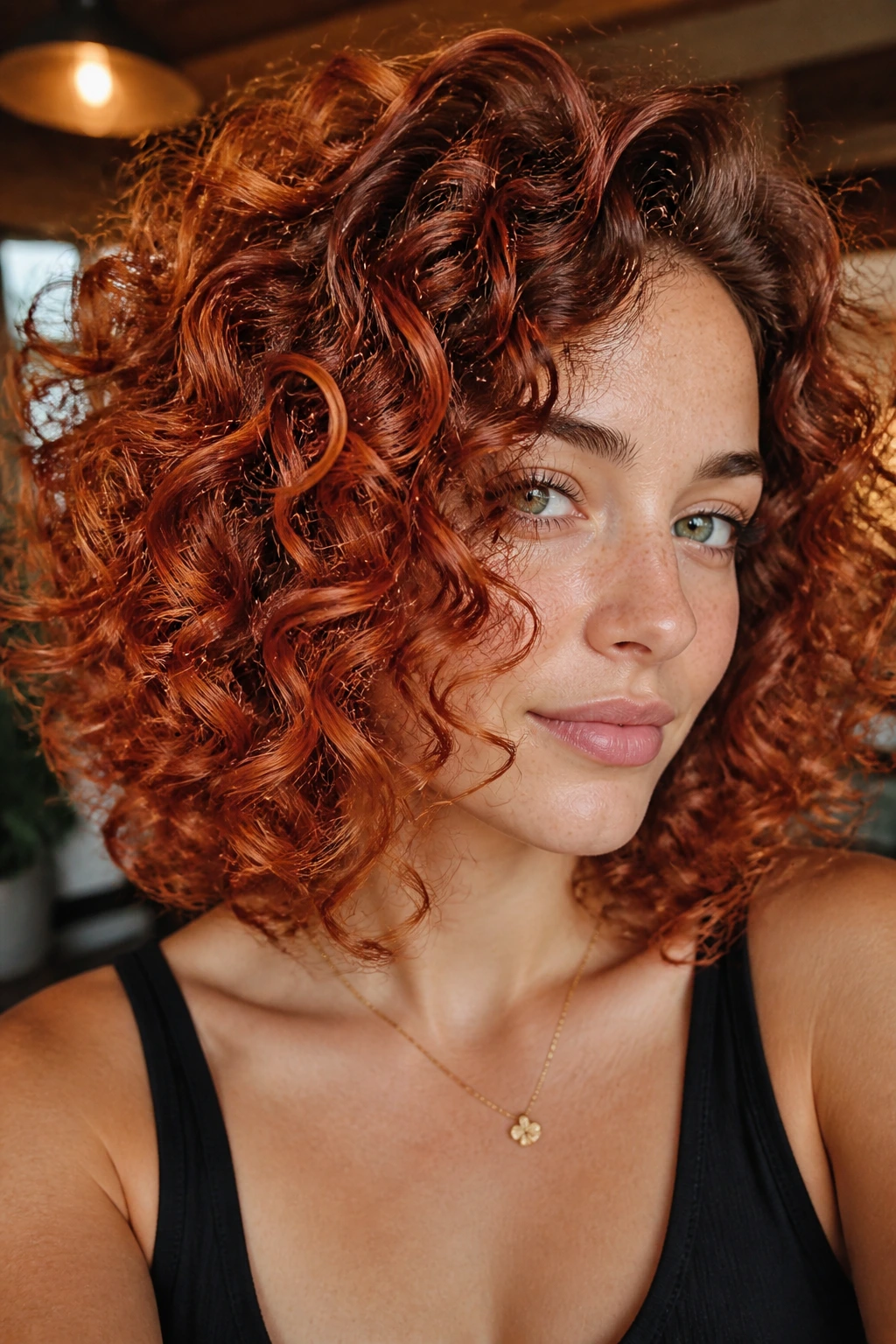 Close-up of a real person's curly hair showing multiple red tones and light reflections