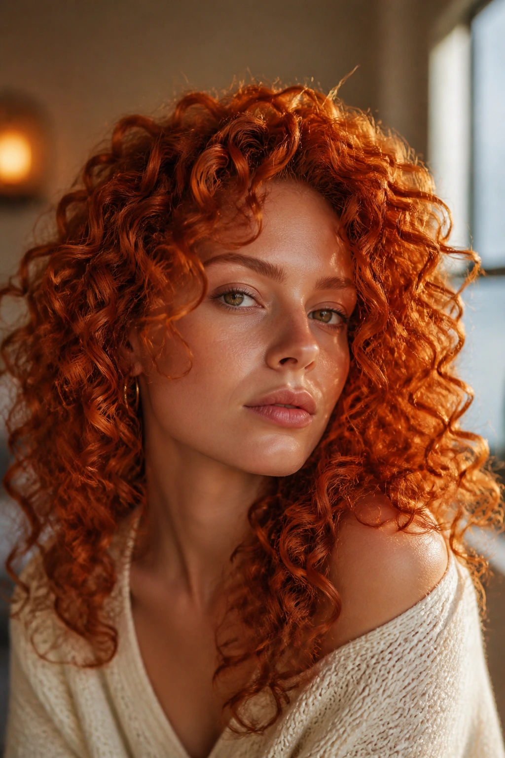 Close-up of vibrant red curly hair showing multi-tone reflections.
