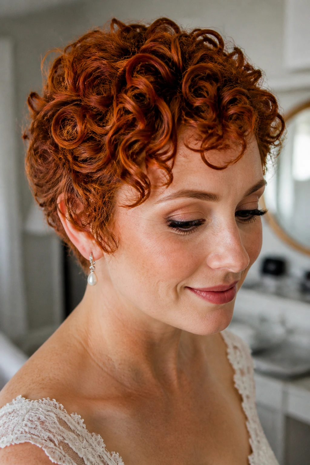 Close-up of a real bride with defined copper-red curls on a short cut
