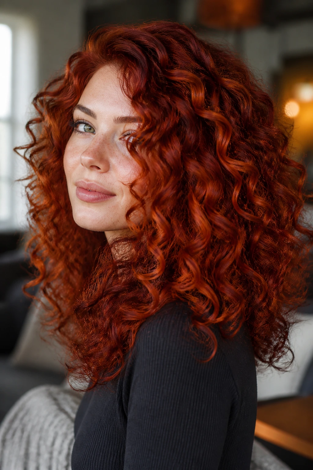 Close-up portrait of a real woman with vivid red curly hair in copper tones.