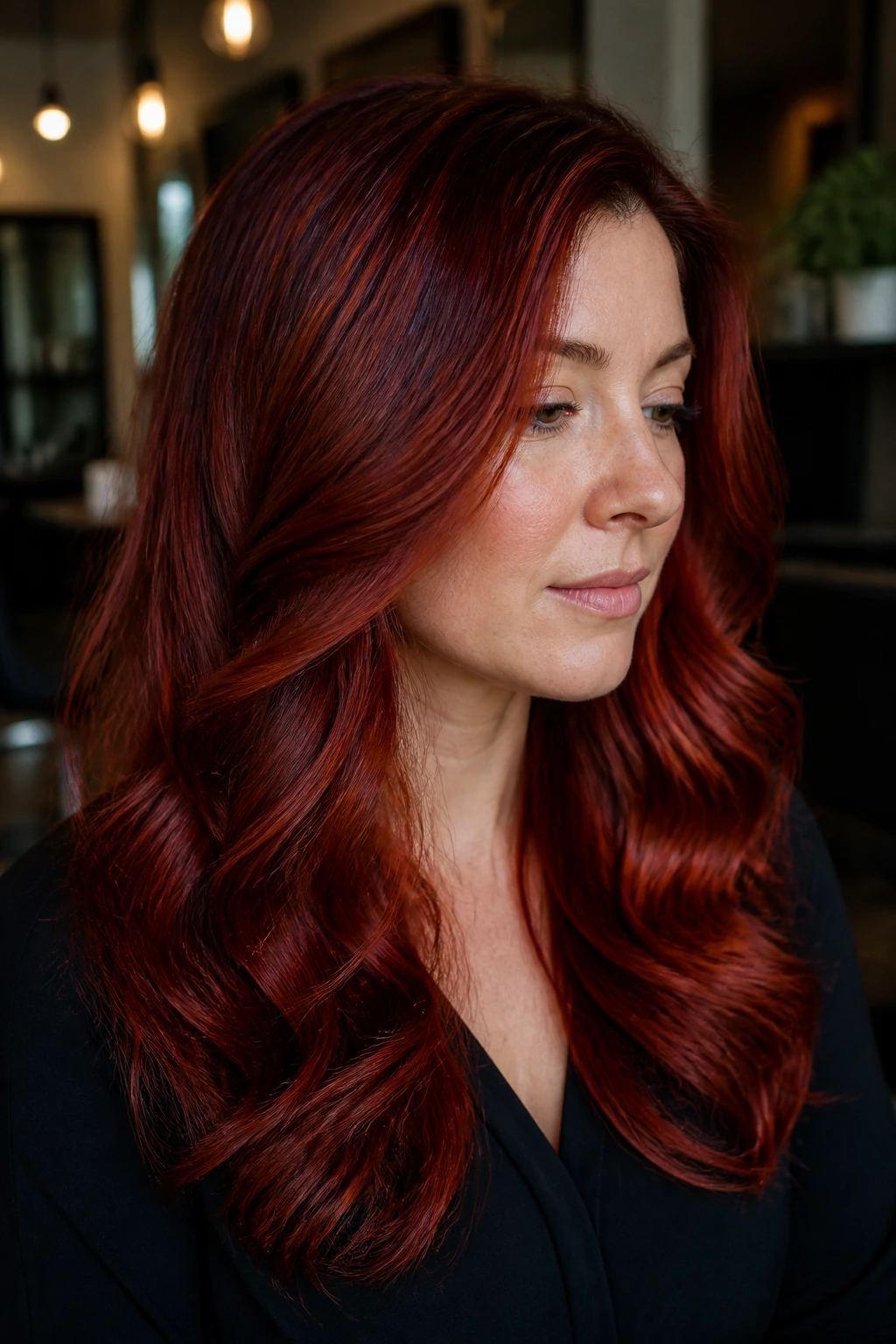 Portrait of a woman with red hair showing root shadow and dimensional gloss