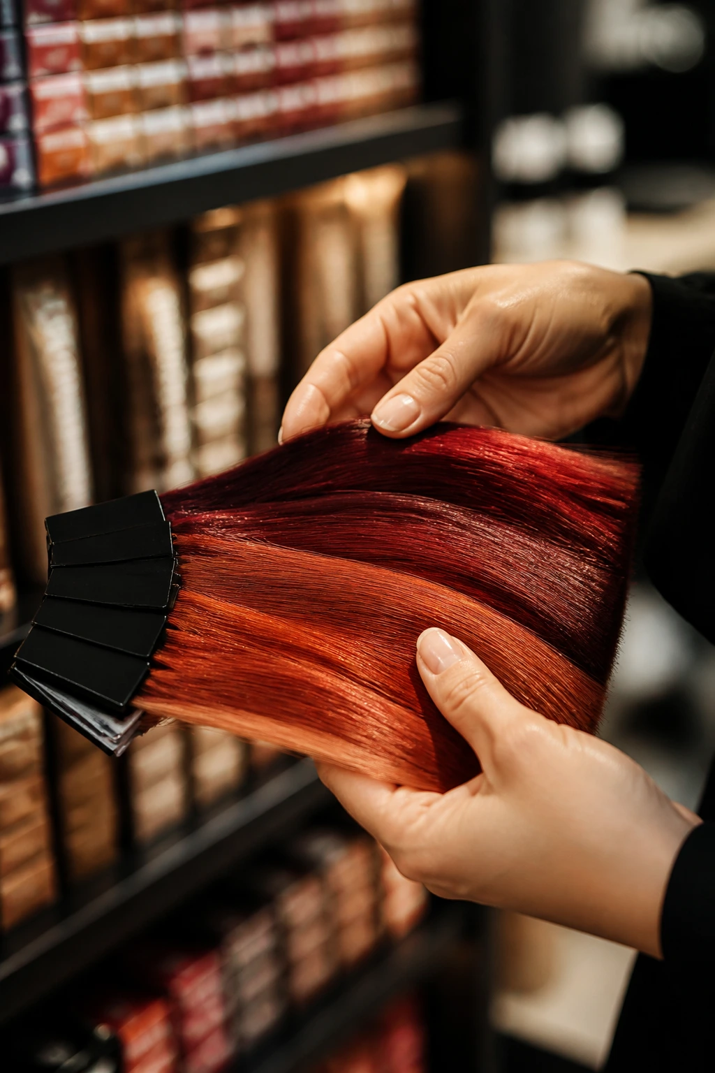 Hand selecting red shade swatches in a salon shop.