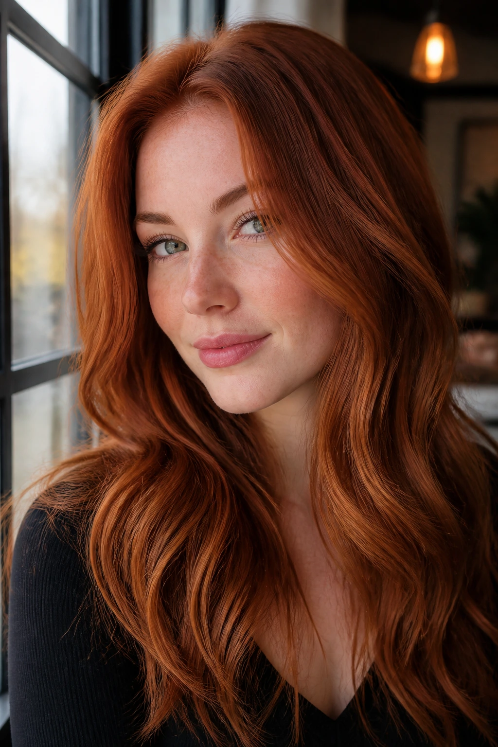 Close-up portrait of a real woman with rich red hair tones under natural daylight