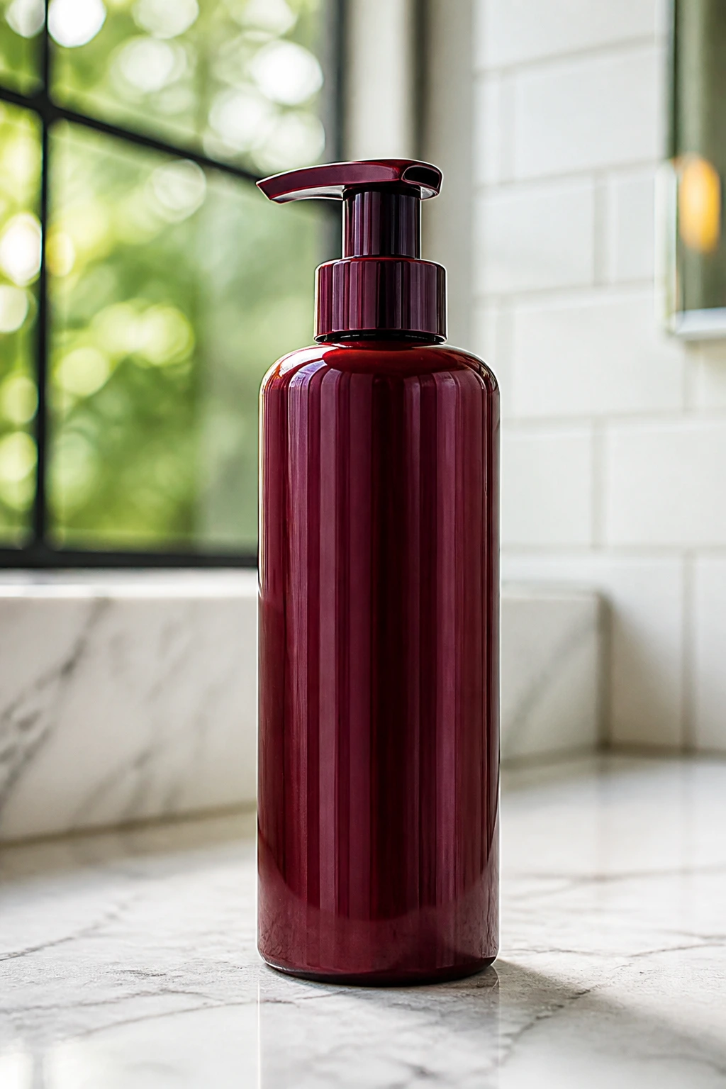 Close-up of a single unlabeled bottle on a bathroom counter representing essential red hair care tools.