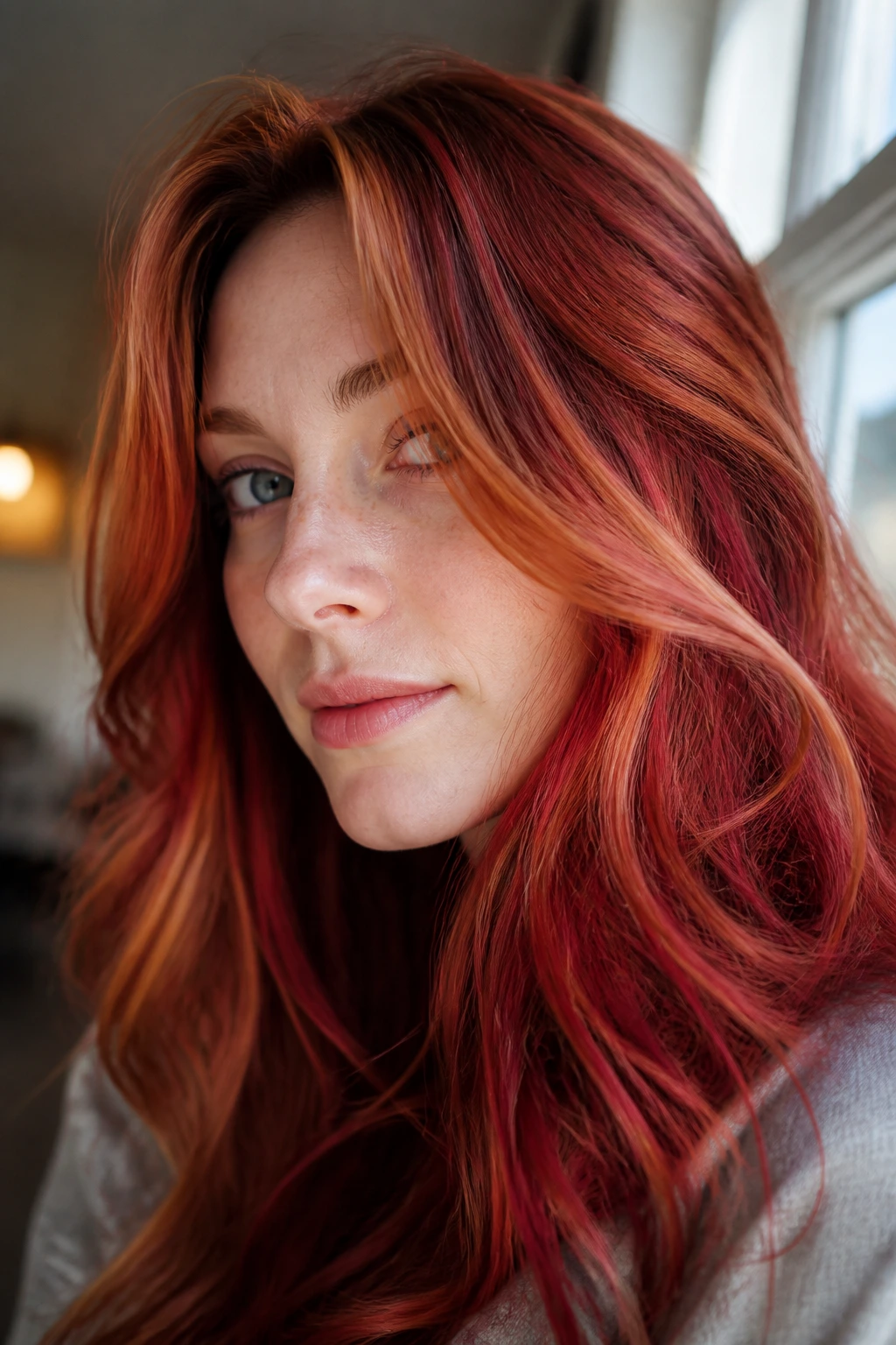 Close-up portrait of a real person with multi-toned red hair in daylight