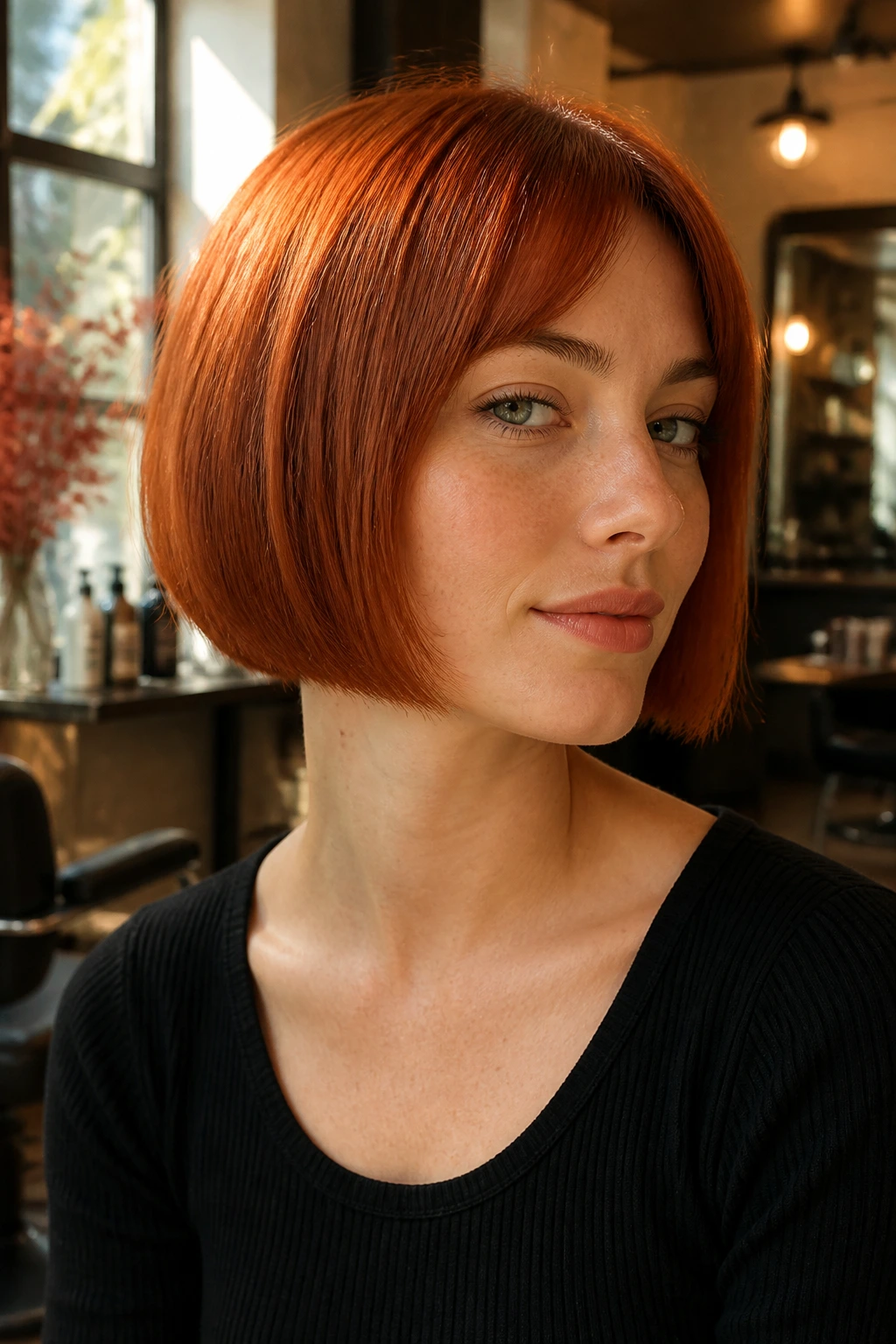 Close-up of a real woman with a short copper bob showing rich red on a blunt cut