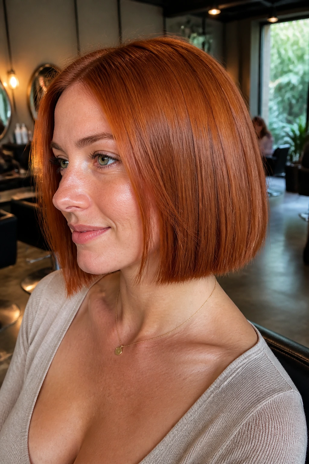 Close-up of a real person with a bright copper bob in a warm salon setting