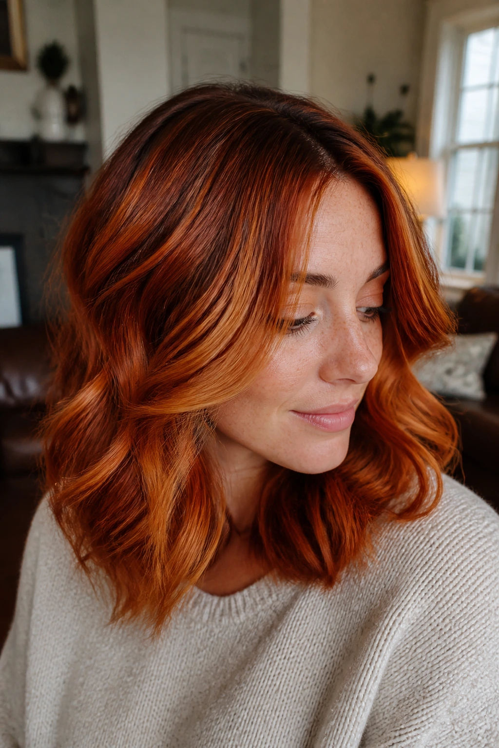 Close-up of a real person with medium-length copper-red hair showing depth and a soft shadow root in natural light.