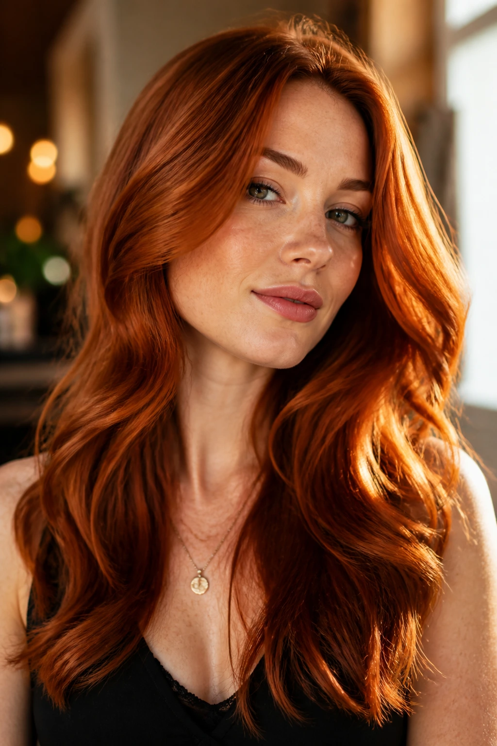 Close-up portrait of a real woman with copper-red hair showing vibrant shine and shape