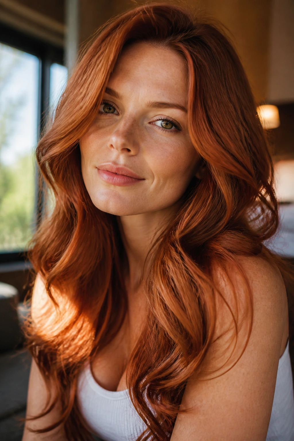 Close-up portrait of a real woman with copper, strawberry, and cherry red tones catching natural light