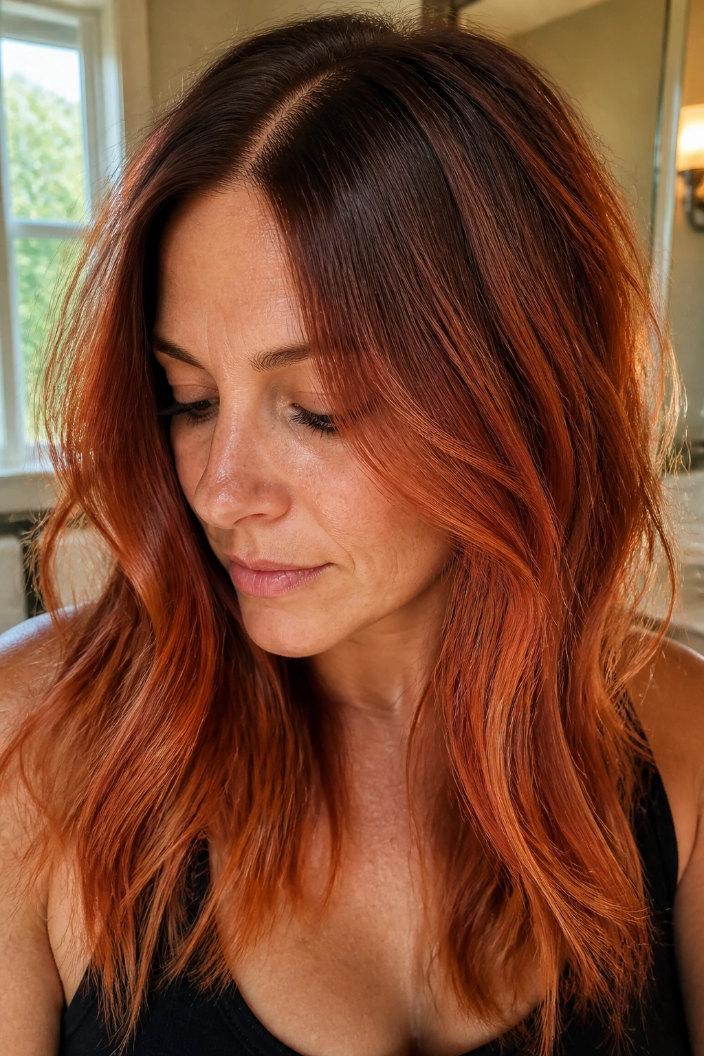 Close-up portrait of a real woman with vivid red hair showing root-to-end fade under natural window light