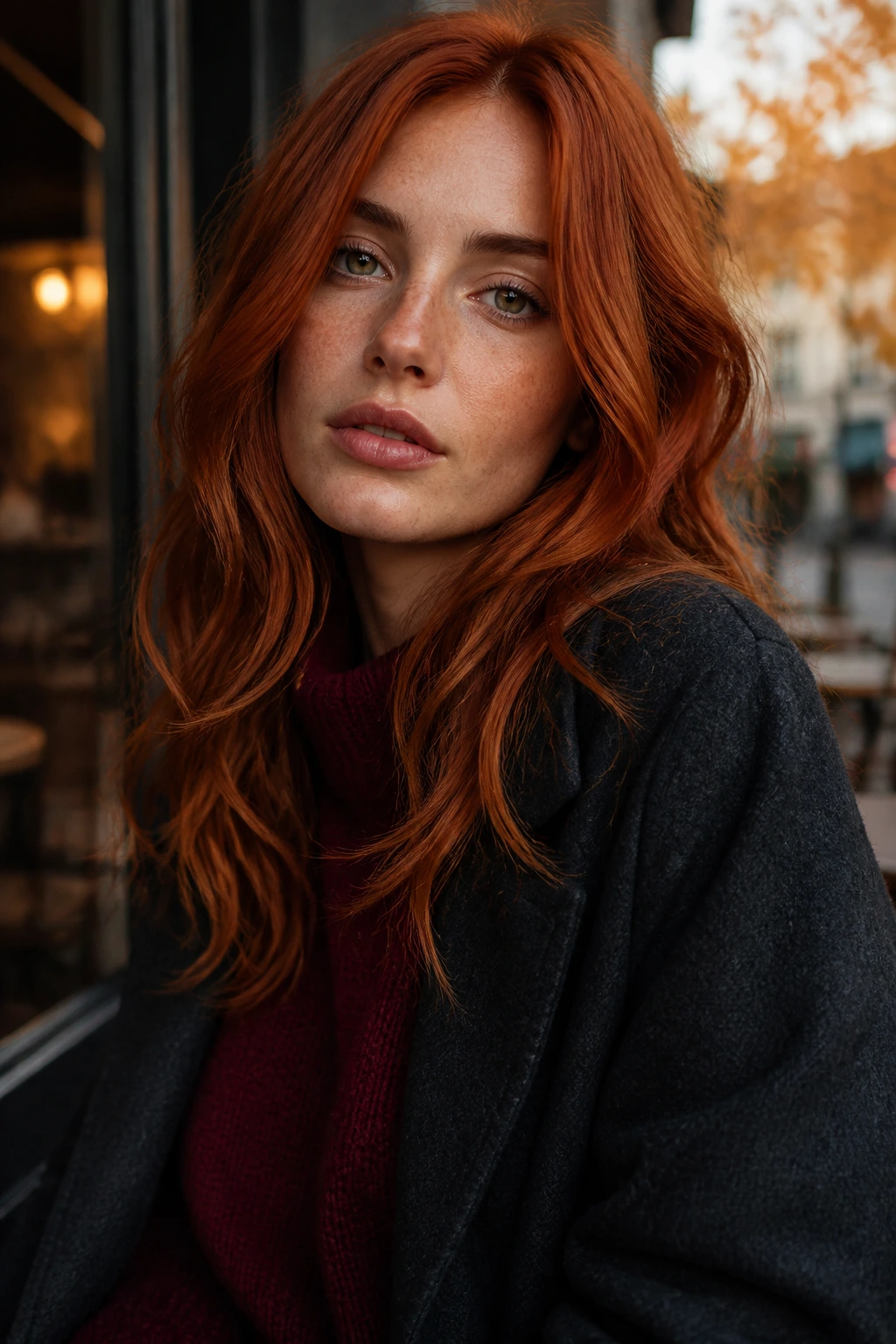 Portrait of a red-haired person in a burgundy sweater and charcoal coat against fall wardrobe backdrop