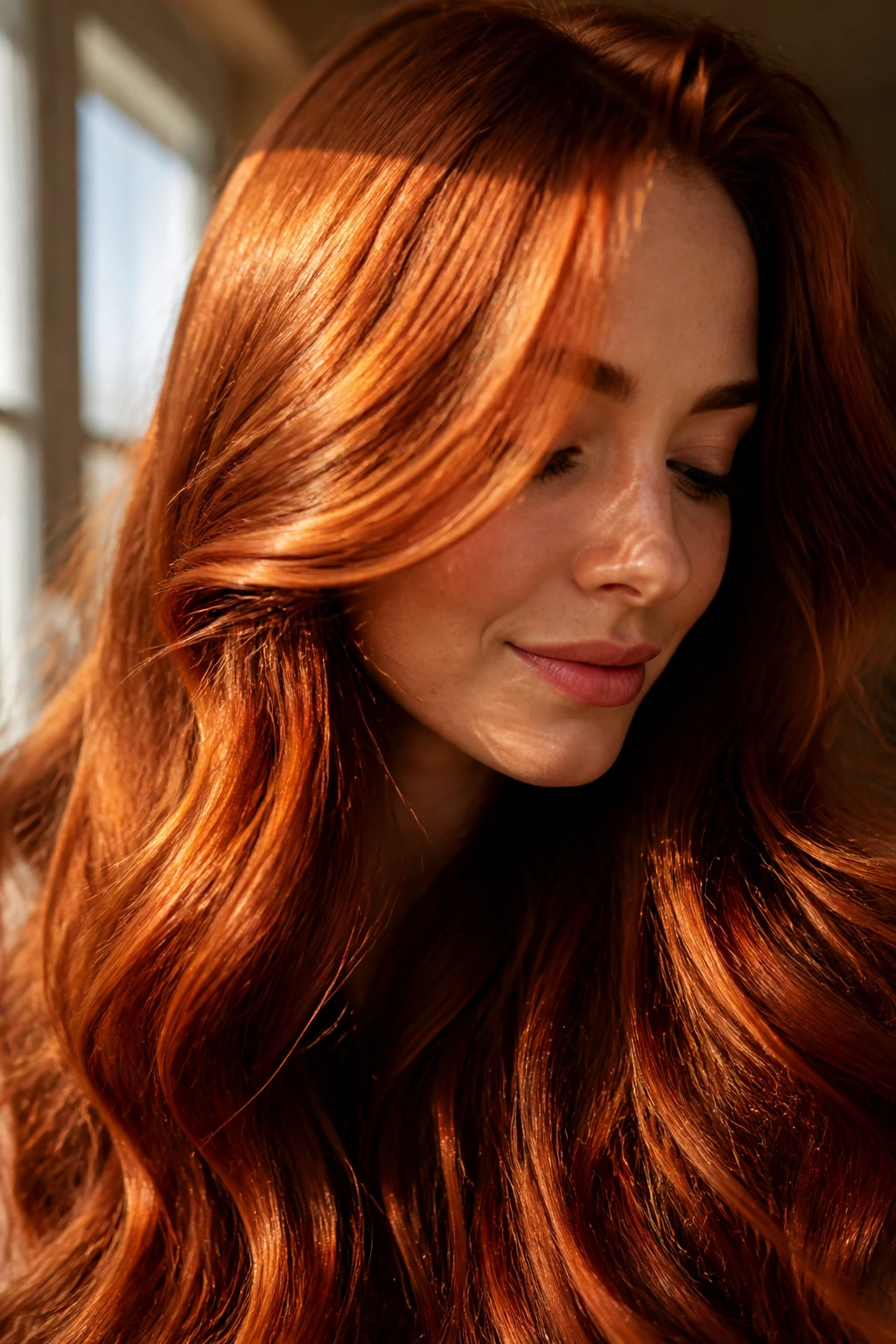 Close-up of glossy copper-red hair on a real person