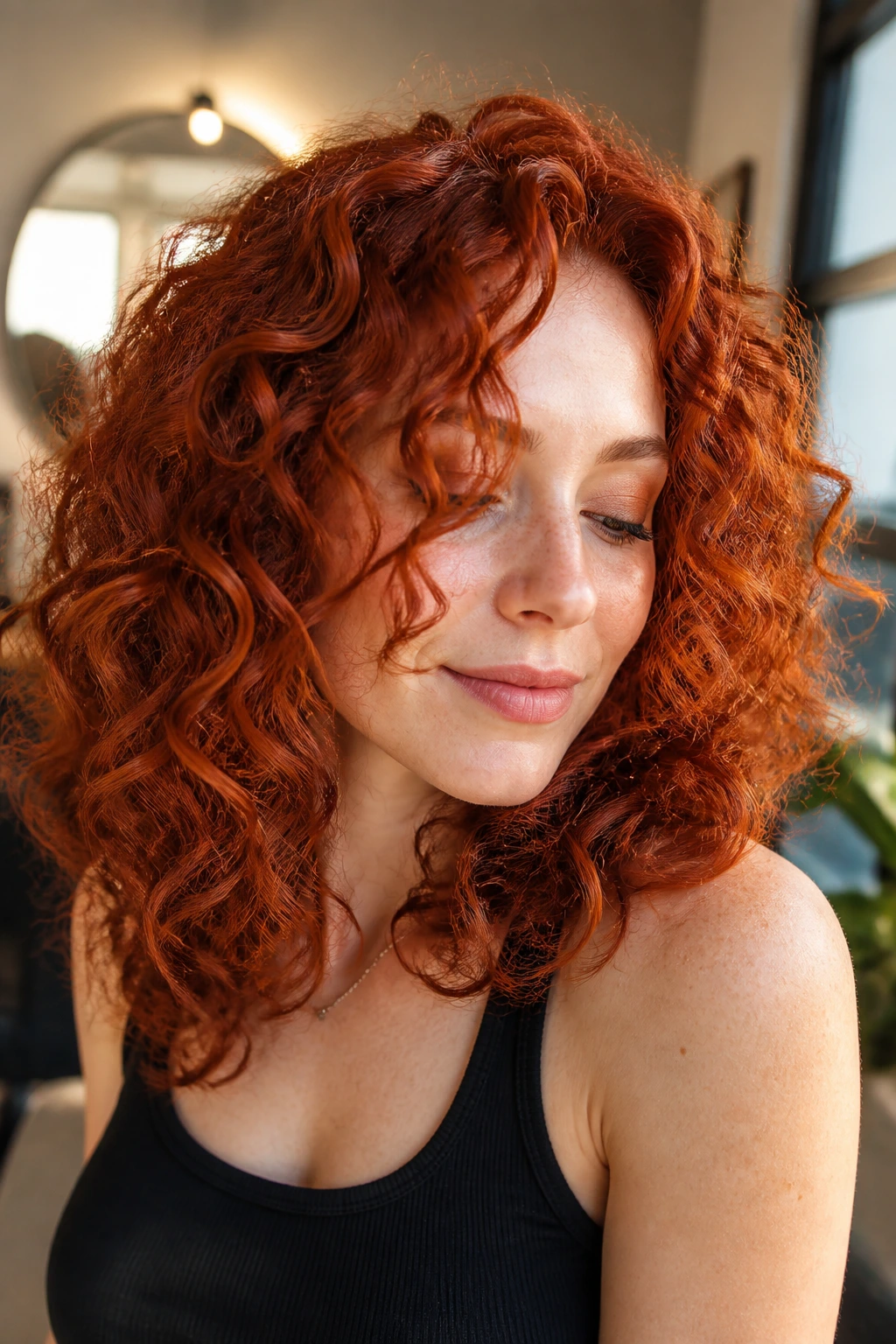 Real woman with curly red hair showing glossy, multi-toned color and dimension