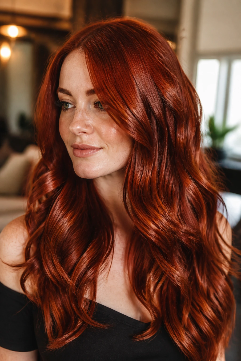 Close-up of glossy red hair on a real person with shine