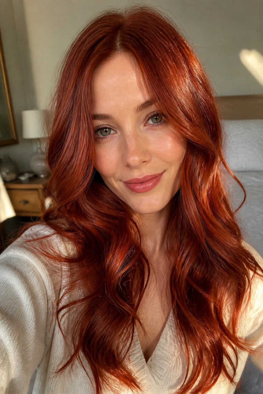 Close-up of a real person with glossy red hair in soft light