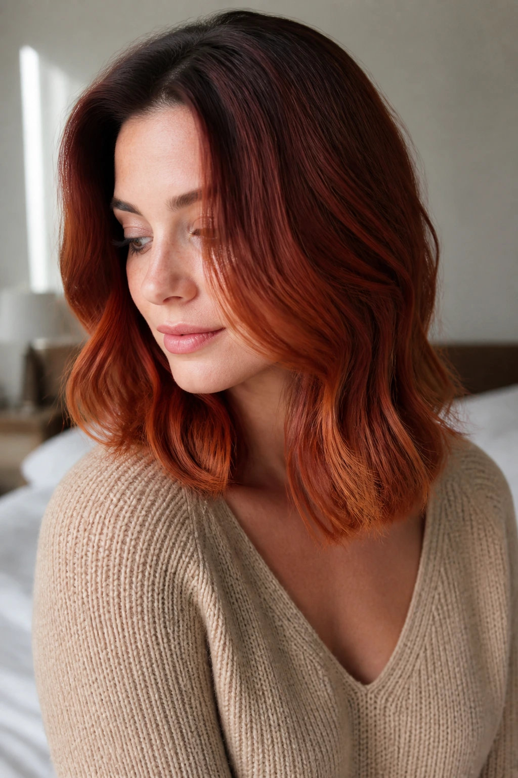 Close-up portrait of a real woman with red hair showing clean grow-out shade from roots to ends
